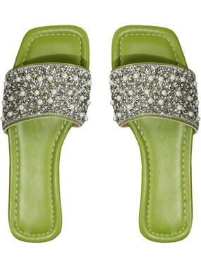 🆕 Women's Green Pearl Rhinestone Slide Sandals Open Toe Flat Slippers Shoes